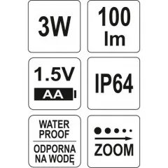 Svítilna kapesní voděodolná IP64, fce ZOOM, 110lm, 1xAA, 100x25mm