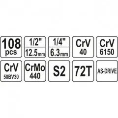 Gola sada 1/2", 1/4" + příslušenství 108 ks