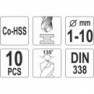 Sada vrtáků na kov 10ks HSS-COBALT 1-10mm