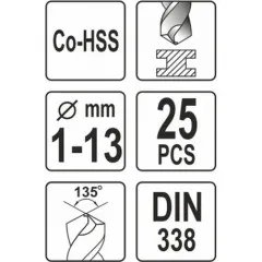 Sada vrtáků na kov 25ks HSS-COBALT 1-13mm